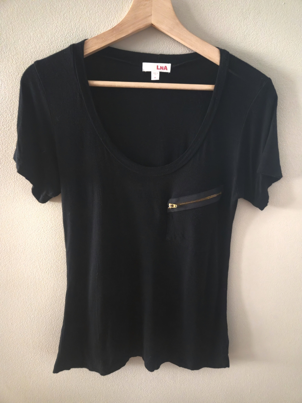 LNA Black Scoop Neck Tshirt Slanted Zipper Chest Pocket Short Slvs